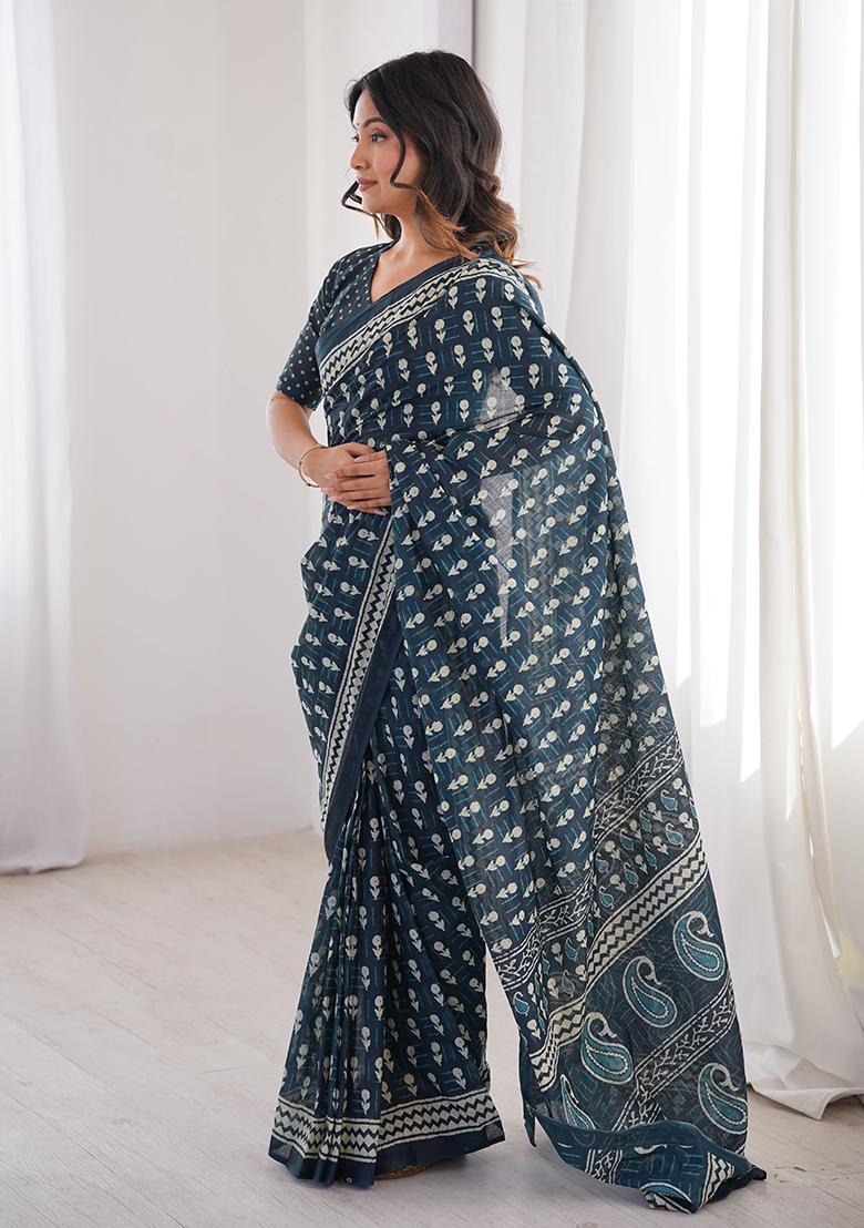 Navy Blue Beads Work Cotton Saree Set - Indya