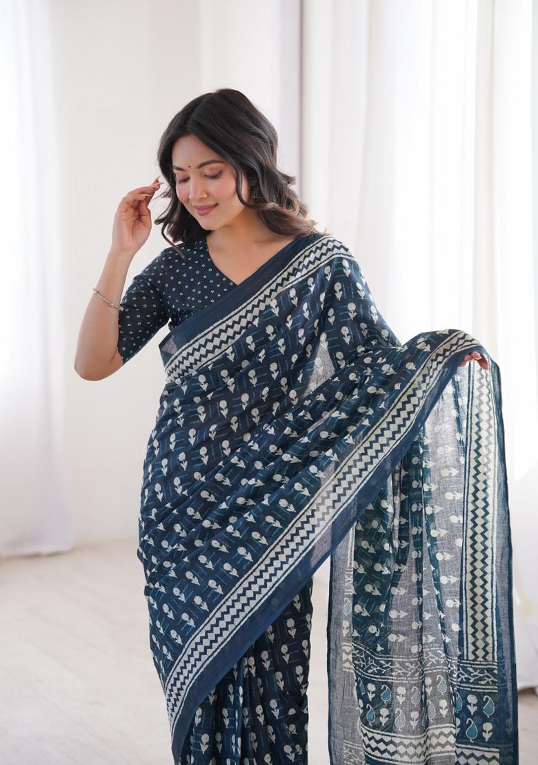 Navy Blue Beads Work Cotton Saree Set - Indya