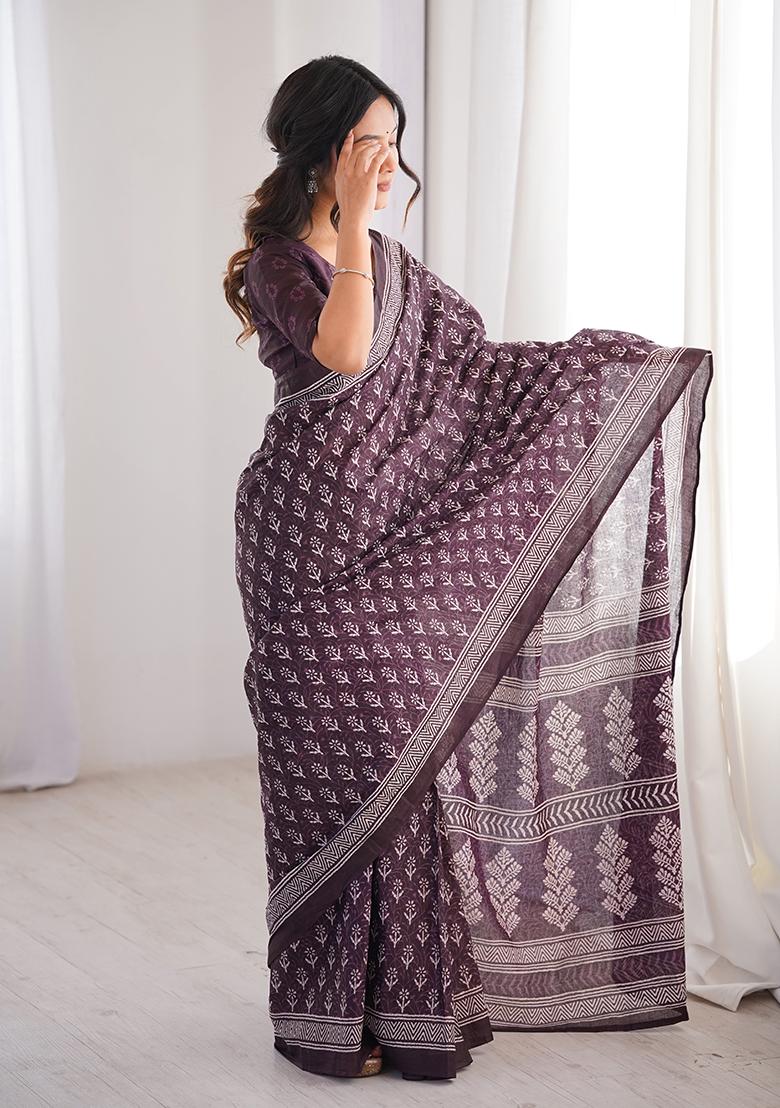 Brown Beads Work Cotton Saree Set - Indya