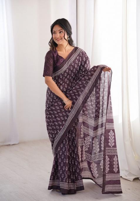 Brown Beads Work Cotton Saree Set