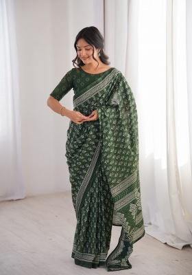 Green Beads Work Cotton Saree Set