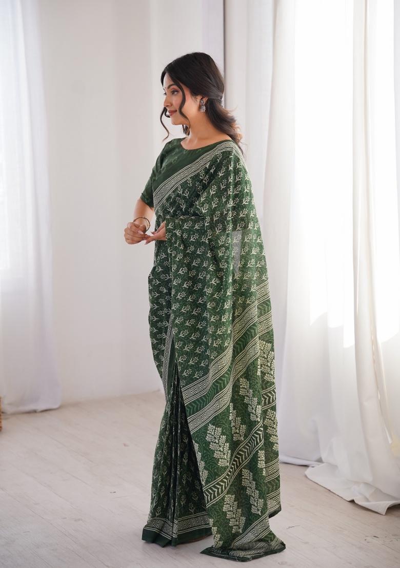 Green Beads Work Cotton Saree Set - Indya