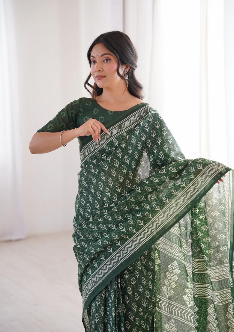 Green Beads Work Cotton Saree Set - Indya