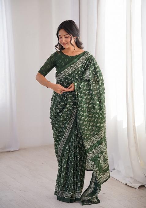 Green Beads Work Cotton Saree Set