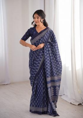 Indigo Beads Work Cotton Saree Set