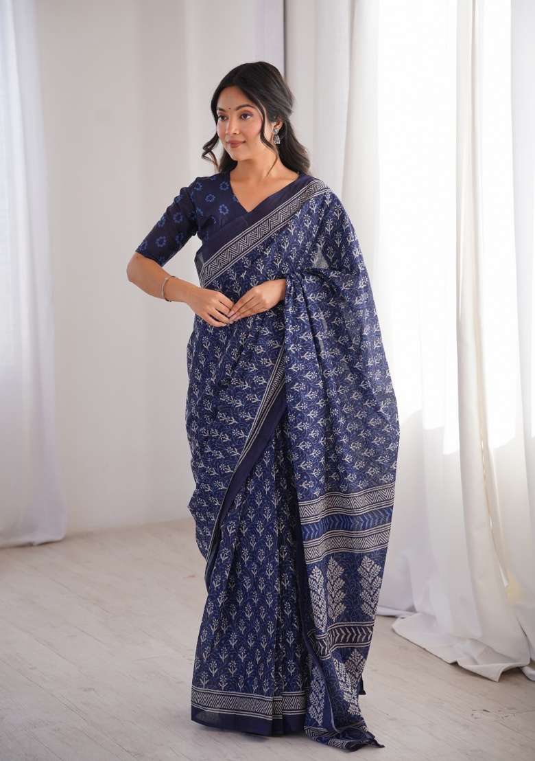 Indigo Beads Work Cotton Saree Set for Diwali and Festive Wear - Indya
