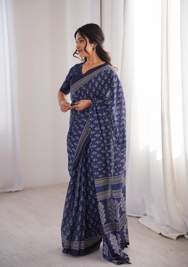 Indigo Beads Work Cotton Saree Set - Indya