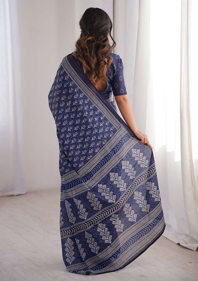 Indigo Beads Work Cotton Saree Set for Diwali and Festive Wear - Indya
