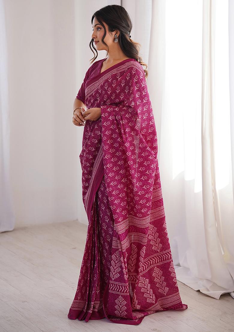 Pink Beads Work Cotton Saree Set - Indya