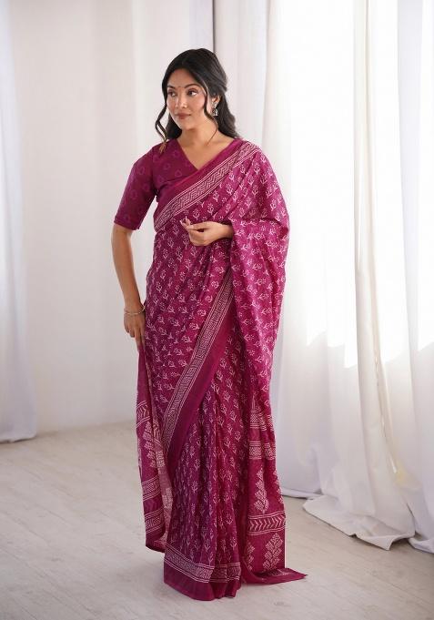 Pink Beads Work Cotton Saree Set