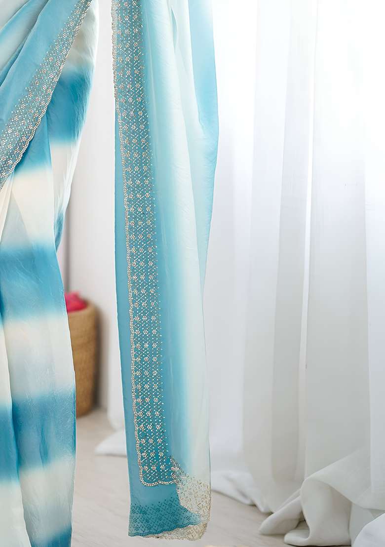 Teal Blue Diamond Work Silk Blend Saree Set for Diwali and Festive Wear - Indya