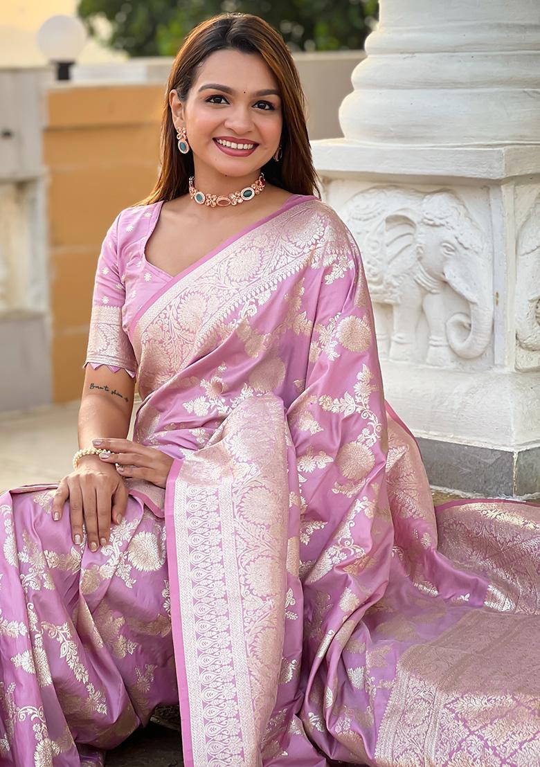 Gajari Pink Woven Work Silk Saree Set - Indya