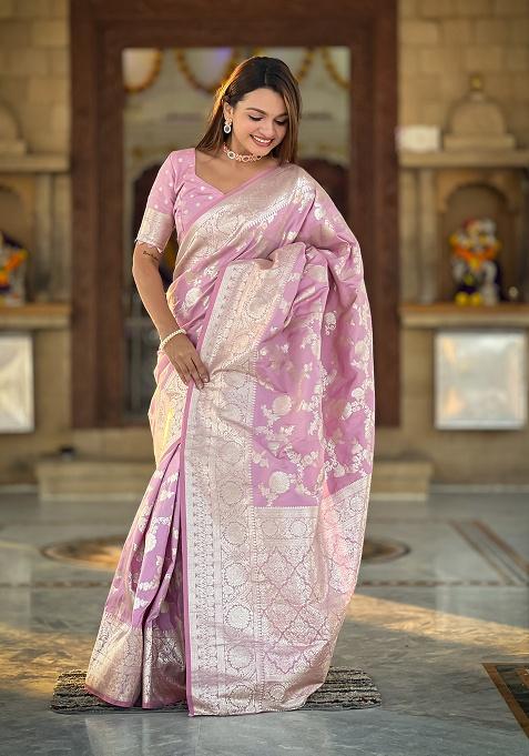 Gajari Pink Woven Work Silk Saree Set