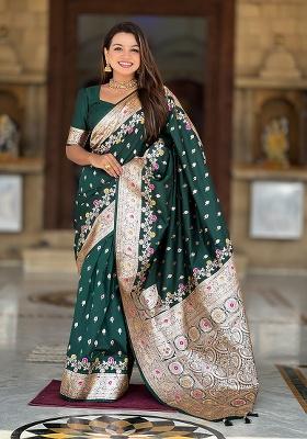 Bottle Green Woven Work Silk Saree Set