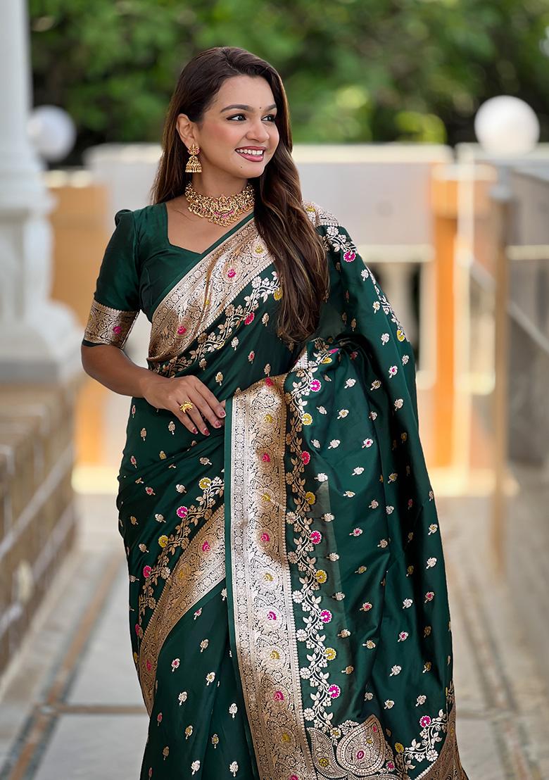 Bottle Green Woven Work Silk Saree Set - Indya