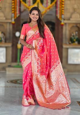 Gajari Pink Woven Work Silk Saree Set