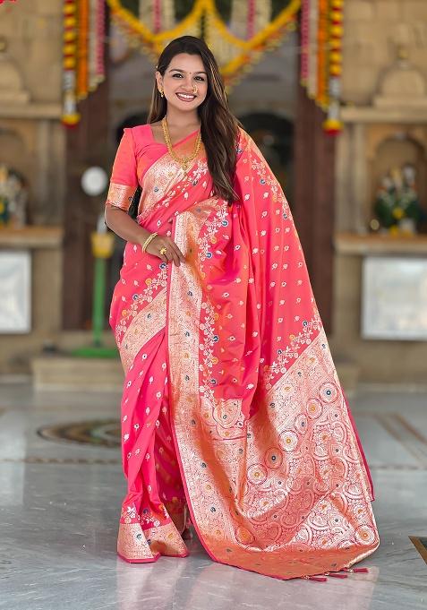 Gajari Pink Woven Work Silk Saree Set