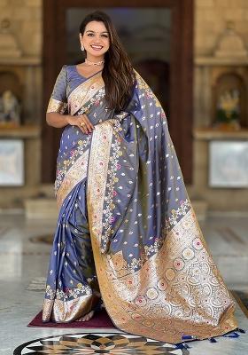 Grey Woven Work Silk Saree Set