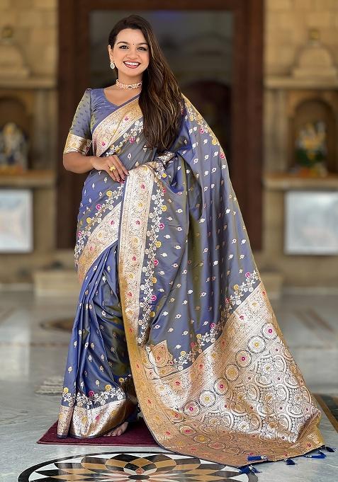 Grey Woven Work Silk Saree Set