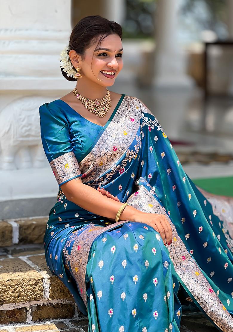 Morpeach Woven Work Silk Saree Set - Indya