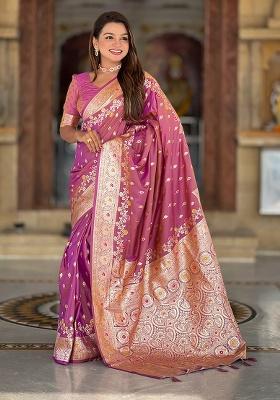 Onion Woven Work Silk Saree Set