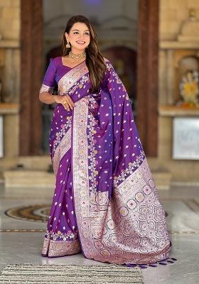 Purple Woven Work Silk Saree Set