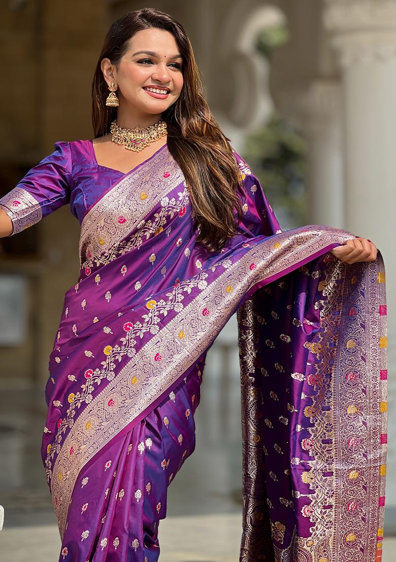Purple Woven Work Silk Saree Set - Indya
