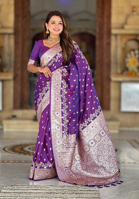 Purple Woven Work Silk Saree Set