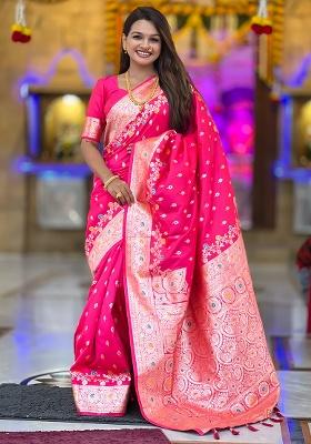Rani Pink Woven Work Silk Saree Set