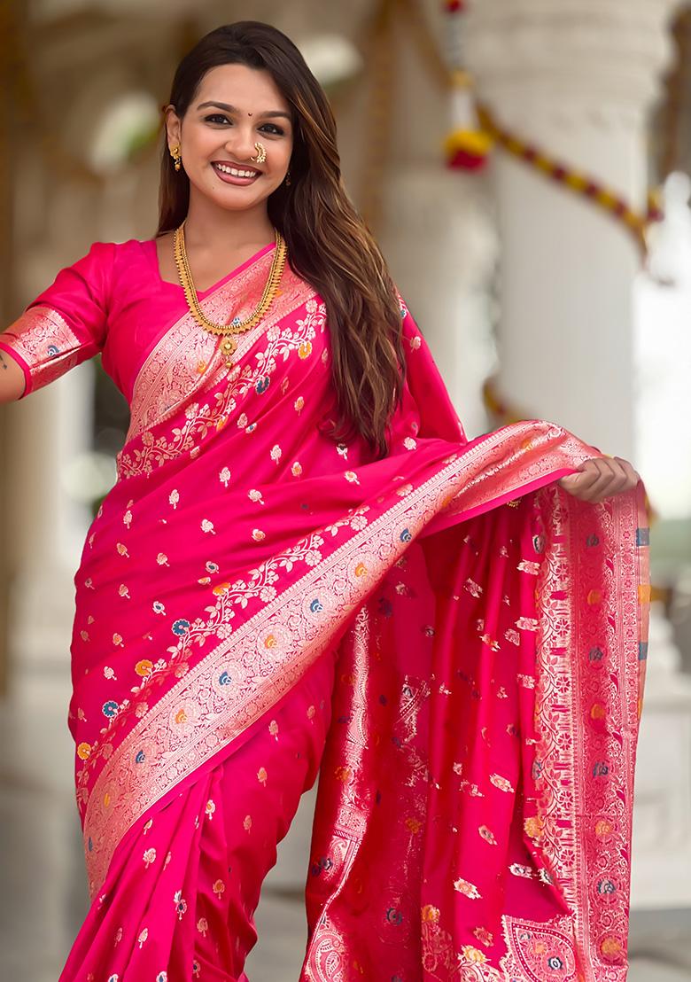 Rani Pink Woven Work Silk Saree Set - Indya