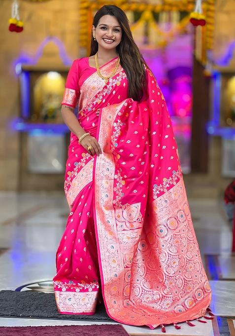 Rani Pink Woven Work Silk Saree Set