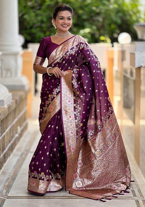 Wine Woven Work Silk Saree Set