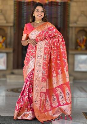 Gajari Pink Woven Work Silk Saree Set