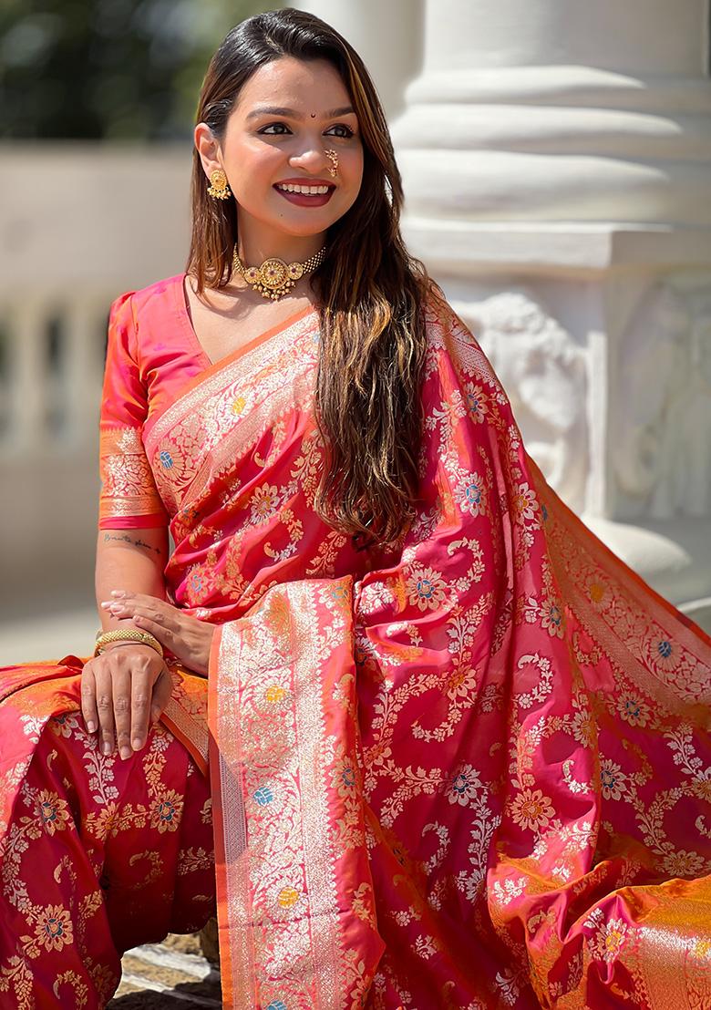 Gajari Pink Woven Work Silk Saree Set - Indya