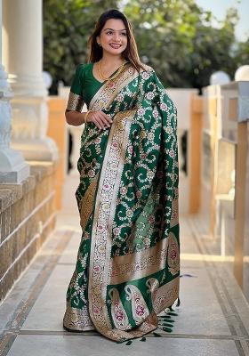 Green Woven Work Silk Saree Set