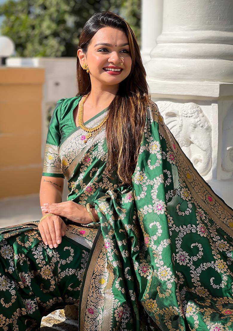 Green Woven Work Silk Saree Set - Indya