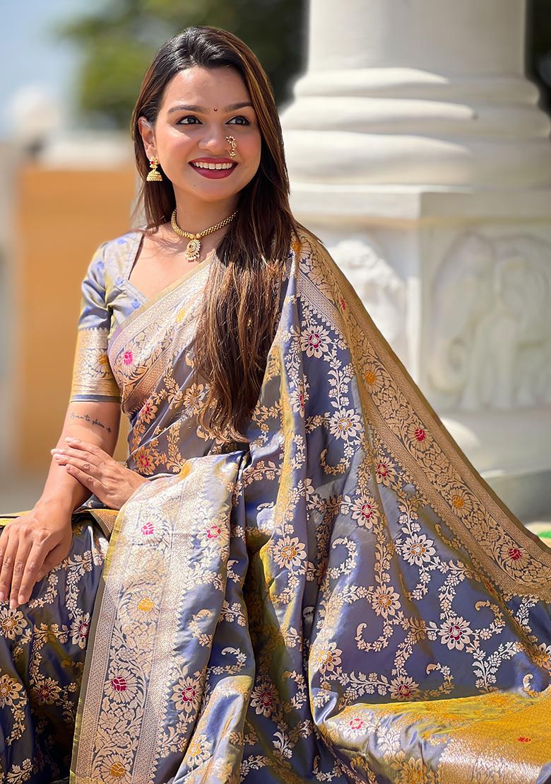 Grey Woven Work Silk Saree Set - Indya