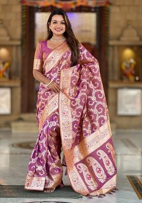 Onion Woven Work Silk Saree Set