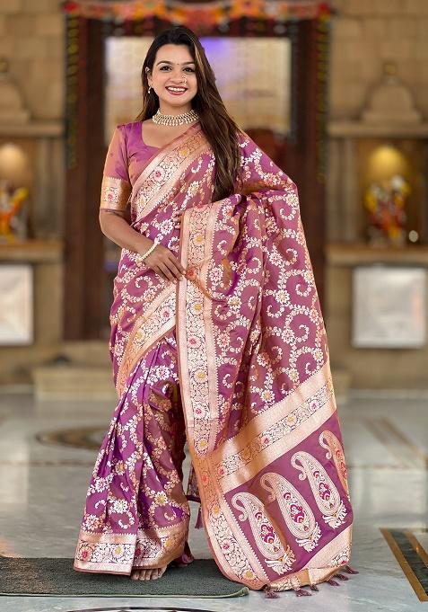 Onion Woven Work Silk Saree Set