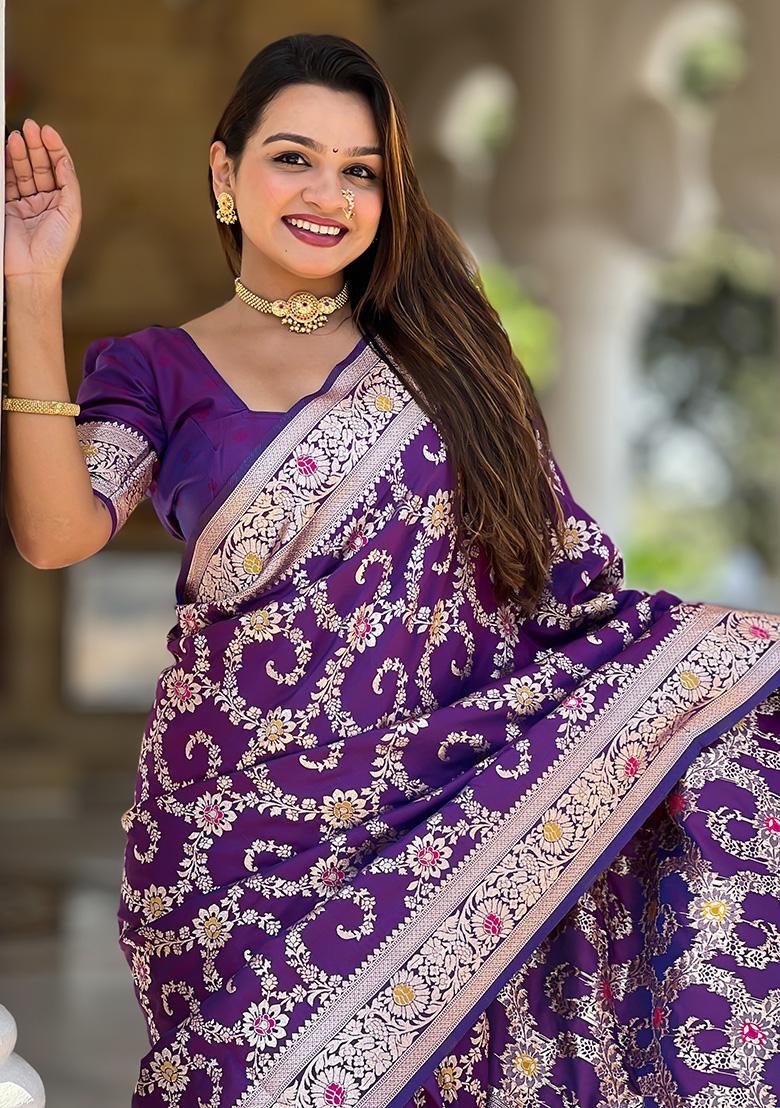 Purple Woven Work Silk Saree Set - Indya