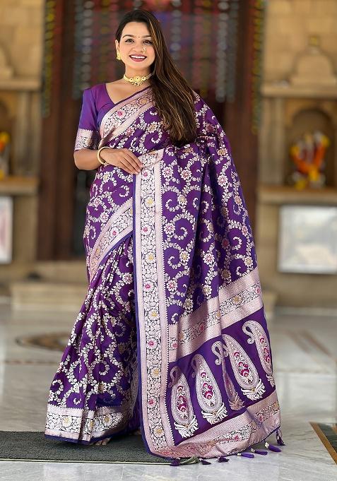 Purple Woven Work Silk Saree Set
