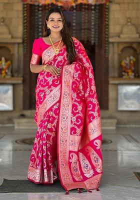 Pink Woven Work Silk Saree Set