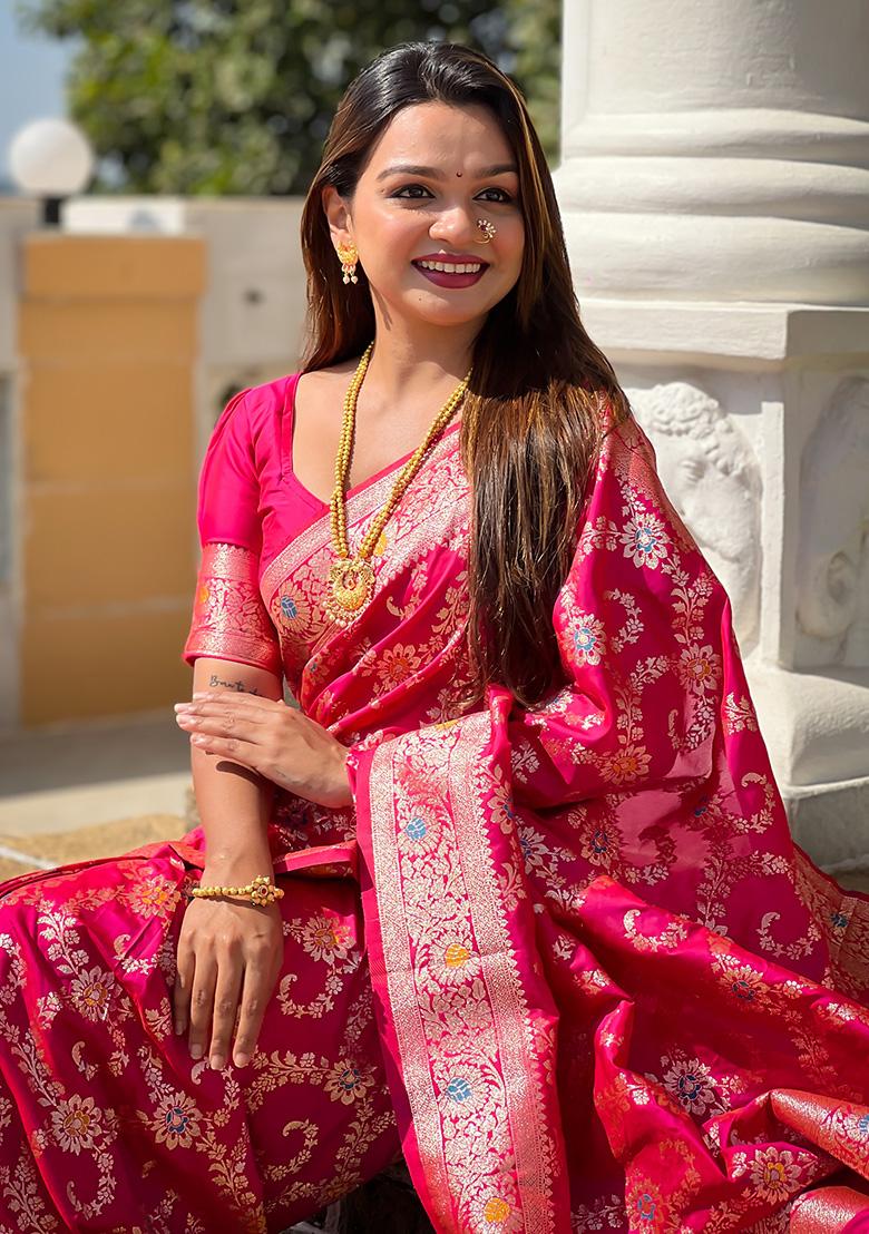 Pink Woven Work Silk Saree Set - Indya