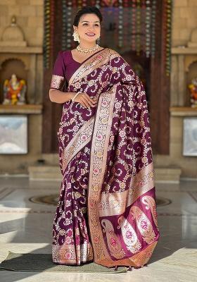 Wine Woven Work Silk Saree Set