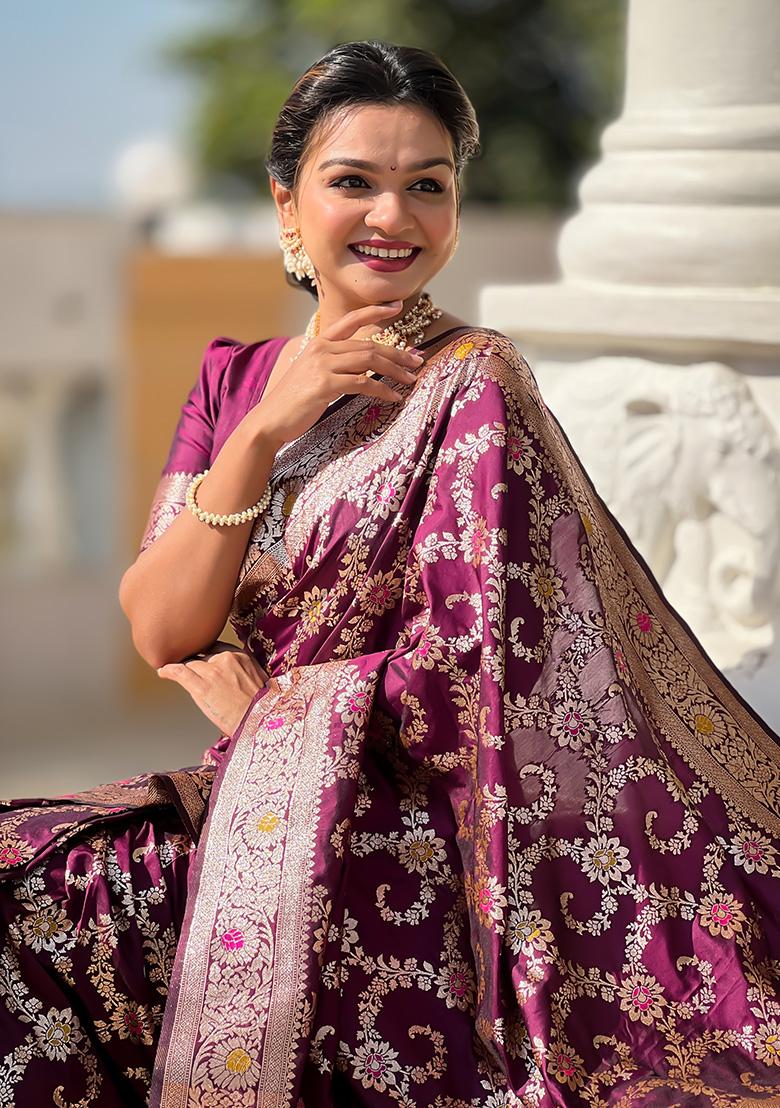Wine Woven Work Silk Saree Set - Indya