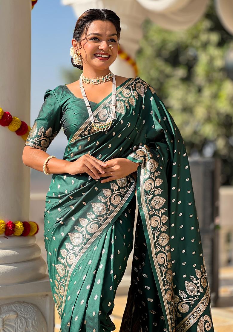 Bottle Green Woven Work Silk Saree Set - Indya