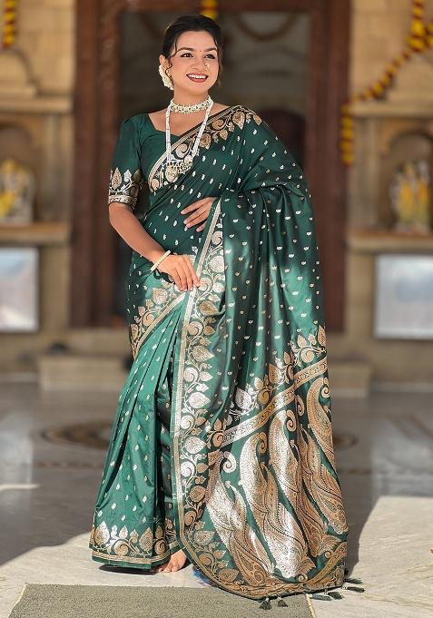Bottle Green Woven Work Silk Saree Set