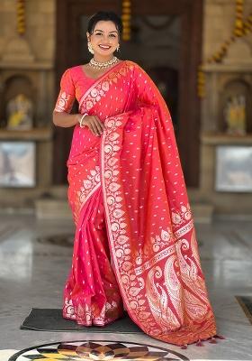 Gajari Pink Woven Work Silk Saree Set