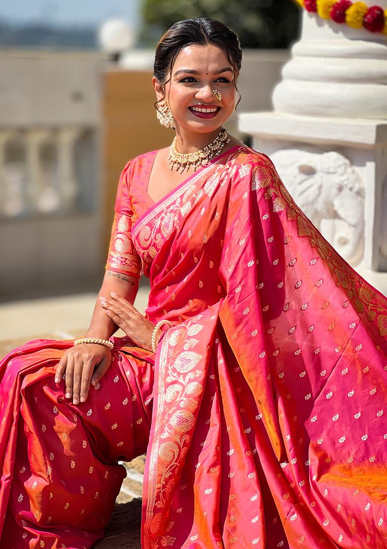 Gajari Pink Woven Work Silk Saree Set - Indya