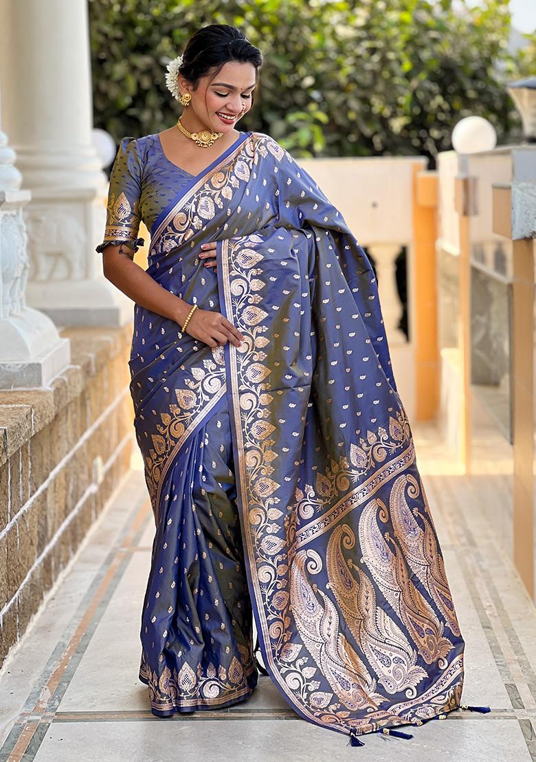 Grey Woven Work Silk Saree Set - Indya